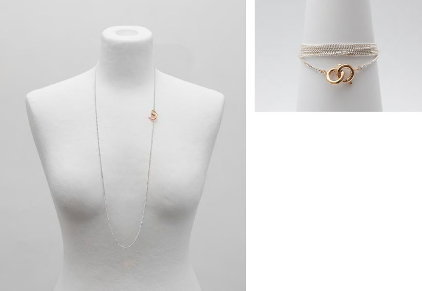 Sonja Bischur Spring/Summer 2011, necklace & bracelet in one: silver curb chain with two gold plated silver spring ring clasps
