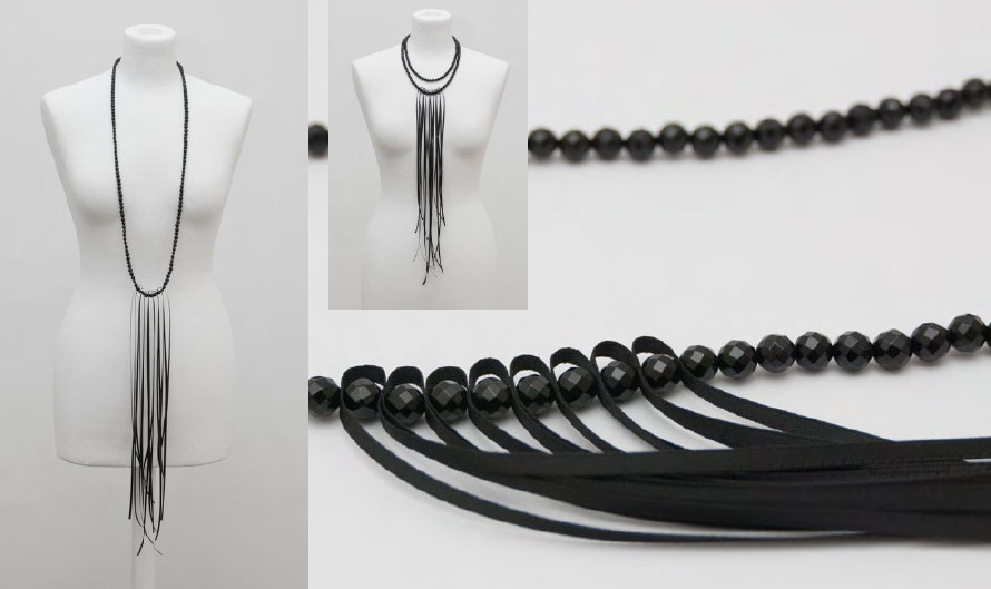 Sonja Bischur Spring/Summer 2011, facetted onyx necklace with black satin ribbon fringes and silver shortener (for tworowed wearing)