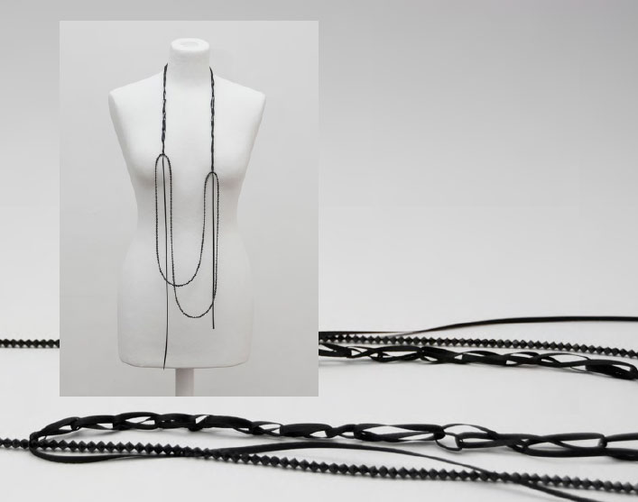 Sonja Bischur, Spring/Summer 2011, facetted jet glass beads necklace with chain stitched black satin ribbon