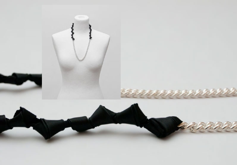 Sonja Bischur, Spring/Summer 2011, silver plated curb chain necklace with black chain stitched satin ribbon