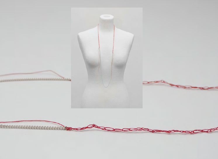 Sonja Bischur, Spring/Summer 2011, delicate silver plated curb chain necklace with chain stitched red thread