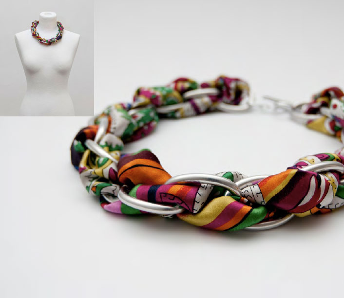 Sonja Bischur Spring/Summer 2011, big aluminium chain necklace interwoven with multicolored silk scarf