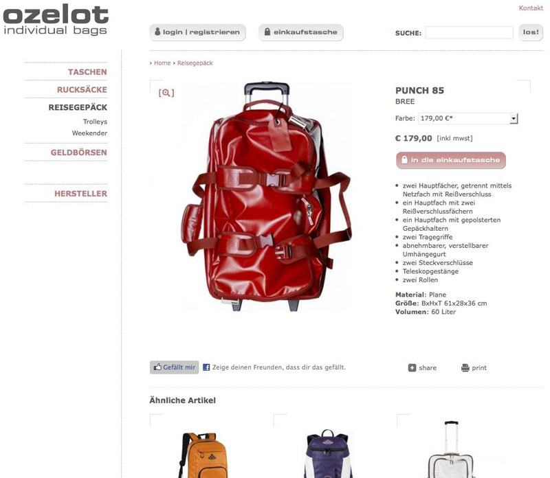 Reisegepäck im Ozelot Onlineshop, Screenshot (Ausschnitt)