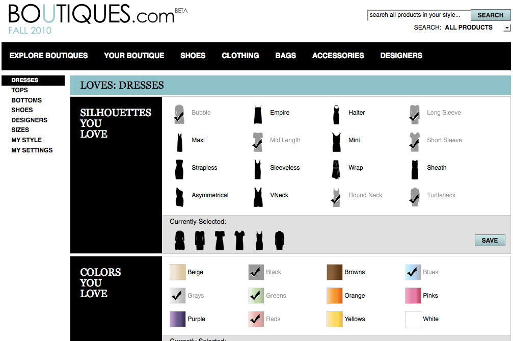 boutiques.com, PrÀferenzen konfigurieren, Screenshot